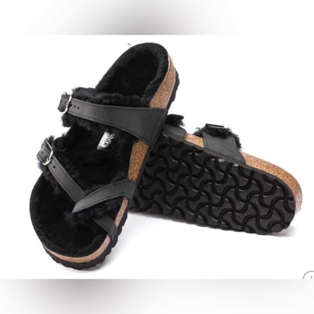 Birkenstock Black Mayari Shearling Oiled Leather single toe loop cork shoe size8